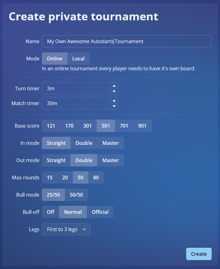 Private Tournament create